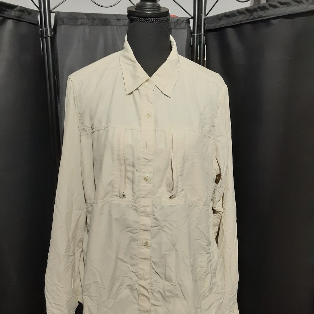 Exofficio Women's Beige Button Down Shirt Zip Pockets Long Sleeve Size XLTG